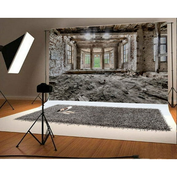 Polyester Fabric Abandoned House Backdrop 7x5ft Photography Backdrop Shabby Brick Wall Wood Dirt Ground Window Pillar Glass Window Photos Video Studio Props