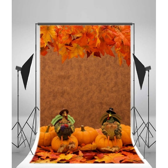 Polyester Fabric Autumn Leaves Pumpkins Backdrop 5x7ft Photography Backdrop Turkeys Thanksgiving Day Children Baby Kids Photos Video Studio Props