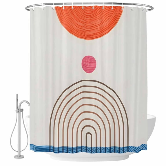 Polyester Fabric Beige Boho Shower Curtain, Modern Abstract Art Geometric Striped Waterproof Bathtub Curtain Bathroom Decor Set with Hooks 36 x 72 Inches