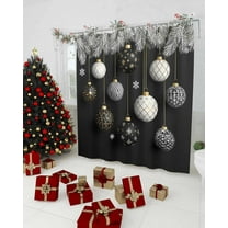 Polyester Fabric Black Christmas Shower Curtain, Xmas Pine Needles Balls Snowflake Waterproof Bathtub Curtain Bathroom Decor Set with Hooks 72 x 84 Inches