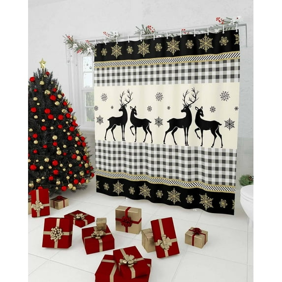 Polyester Fabric Black Christmas Shower Curtain, Xmas Snowflake Elk Plaid Waterproof Bathtub Curtain Bathroom Decor Set with Hooks 66 x 72 Inches,