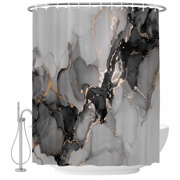 Polyester Fabric Black Gold Marble Shower Curtain, Vintage Abstract Geometric Gradient Waterproof Bathtub Curtain Bathroom Decor Set with Hooks 72 x 72 Inches