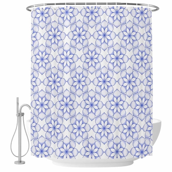 Polyester Fabric Blue Flower Shower Curtain, Retro Tribal Art Abstract Monochrome Texture Waterproof Bathtub Curtain Bathroom Decor Set with Hooks 66 x 72 Inches