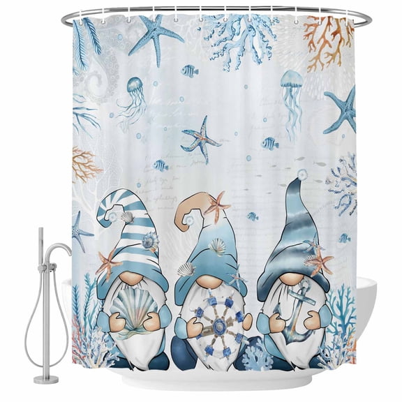Polyester Fabric Blue Gnomes Coastal Shower Curtain, Nautical Coral Starfish Ocean Summer Waterproof Bathtub Curtain Bathroom Decor Set with Hooks 72 x 72 Inches