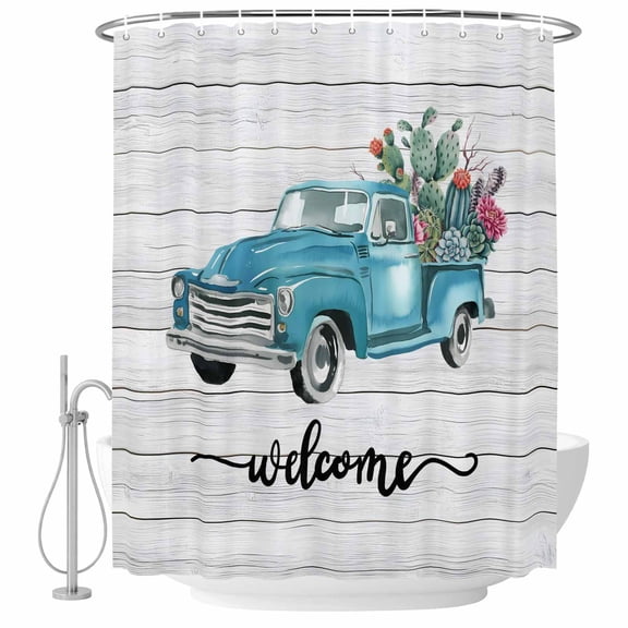 Polyester Fabric Blue Truck Shower Curtain, Sunmmer Car Tropical Plants Cactus Wooden Waterproof Bathtub Curtain Bathroom Decor Set with Hooks 36 x 72 Inches