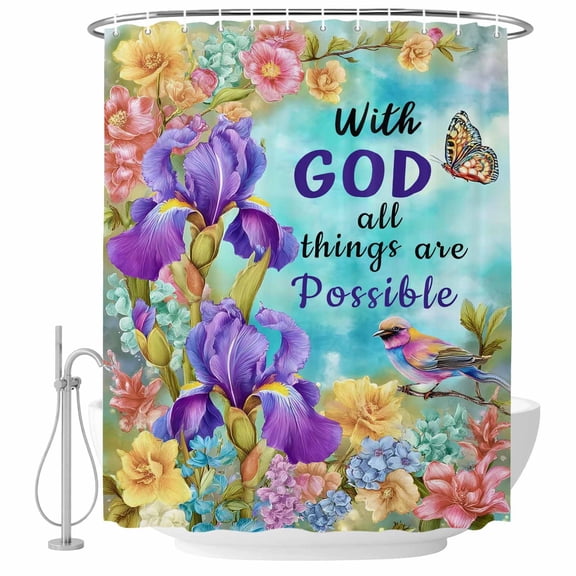 Polyester Fabric Botanical Floral Shower Curtain, with God All Things Are Possible Waterproof Bathtub Curtain Bathroom Decor Set with Hooks 36 x 72 Inches