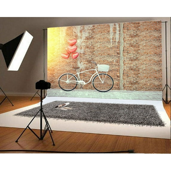 Polyester Fabric Brick Wall Backdrop 7x5ft Photography Backdrop Bike Hear Balloons Studio Photos Video Props Children Baby Kids Portraits