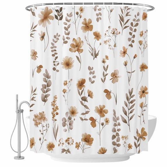 Polyester Fabric Brown Spring Floral Shower Curtain, Flowers Leaves Elegant Pastoral Waterproof Bathtub Curtain Bathroom Decor Set with Hooks 72 x 96 Inches