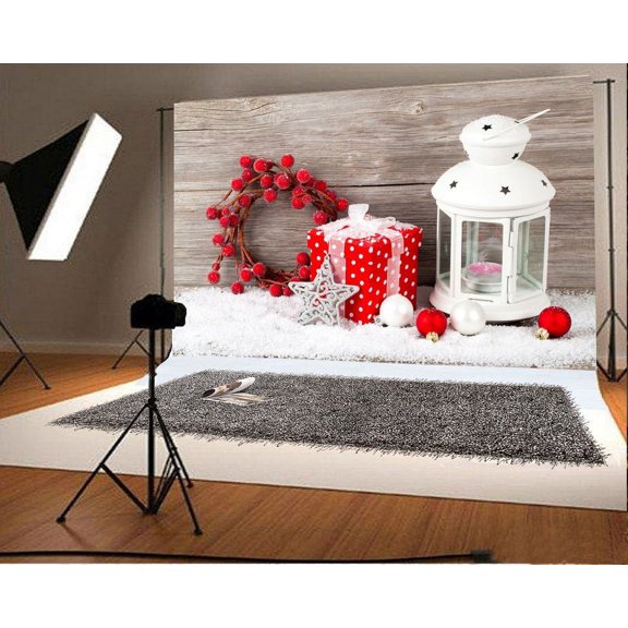 Polyester Fabric Christmas Backdrop Wood 7x5ft Photography Backdrop Christmas Balls Star Decoration Candles Fruits Snow Children Baby Kids Photos Shooting Video Studio Props