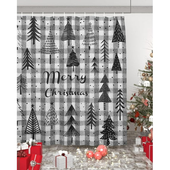 Polyester Fabric Christmas Tree Shower Curtain, Black and White Checkered Xmas Tree, Waterproof Bathtub Curtain Bathroom Decor Set with Hooks 72 x 72 Inches,