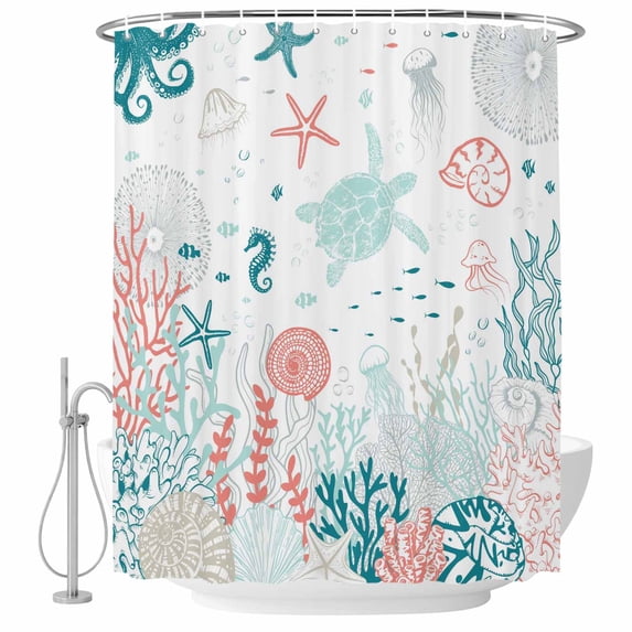 Polyester Fabric Coastal Turtle Shower Curtain, Teal Green Ocean Coral Starfish Jellyfish Waterproof Bathtub Curtain Bathroom Decor Set with Hooks 60 x 72 Inches