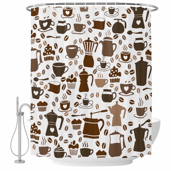 Polyester Fabric Coffee Beans Shower Curtain, Funny Cartoon Brown Cake Hot Chocolate Cup Waterproof Bathtub Curtain Bathroom Decor Set with Hooks 72 x 78 Inches
