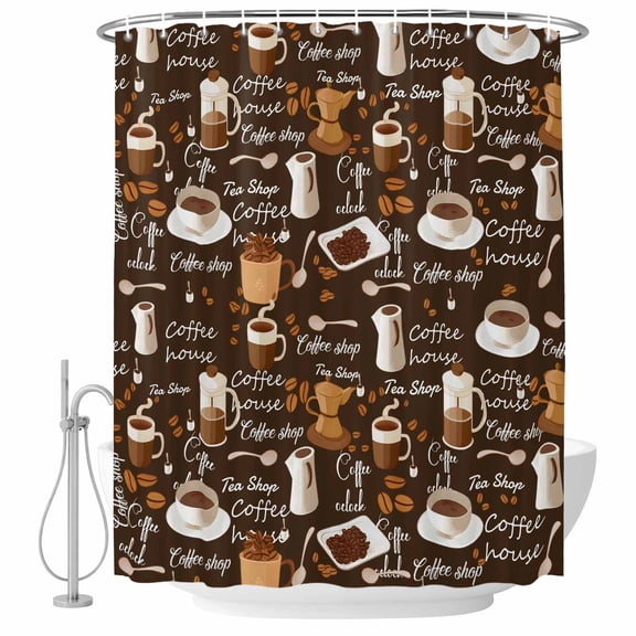 Polyester Fabric Coffee Shower Curtain, Brown Retro Coffee Theme Beans Latte Tea Cup Waterproof Bathtub Curtain Bathroom Decor Set with Hooks 36 x 72 Inches