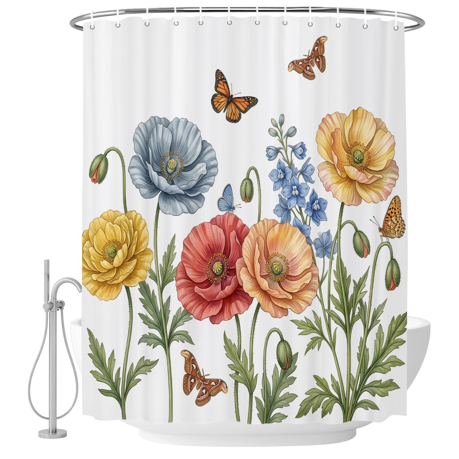 Polyester Fabric Colorful Poppy Floral Shower Curtain, Farmhouse