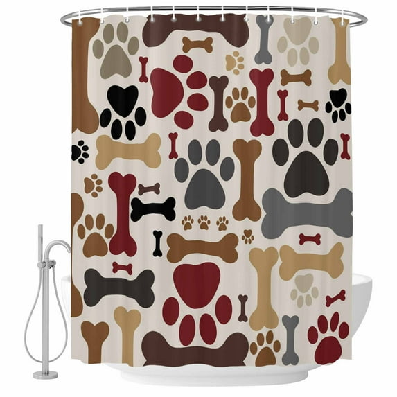 Polyester Fabric Dog Paw Print Shower Curtain, Cartoon Red Brown Animals Paw Bones Waterproof Bathtub Curtain Bathroom Decor Set with Hooks 48 x 72 Inches