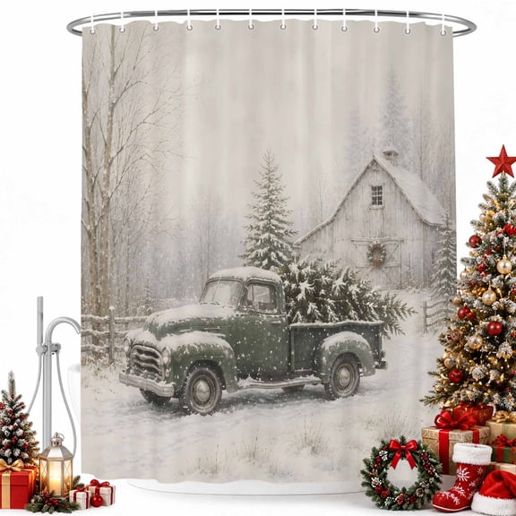 Polyester Fabric Farmhouse Christmas Shower Curtain, Winter Truck Xmas Pine Tree Barn Waterproof Bathtub Curtain Bathroom Decor Set with Hooks 72 x 84 Inches