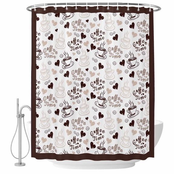 Polyester Fabric Farmhouse Coffee Cup Shower Curtain, Vintage Coffee Beans Love Heart Waterproof Bathtub Curtain Bathroom Decor Set with Hooks 48 x 72 Inches