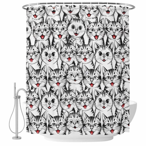 Polyester Fabric Funny Cat Shower Curtain, Abstract Cartoon Cute Animals Printed Waterproof Bathtub Curtain Bathroom Decor Set with Hooks 36 x 72 Inches