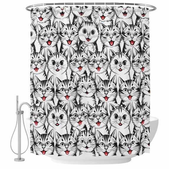 Polyester Fabric Funny Cat Shower Curtain, Abstract Cartoon Cute Animals Printed Waterproof Bathtub Curtain Bathroom Decor Set with Hooks 60 x 72 Inches
