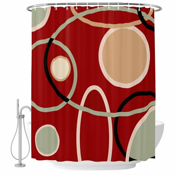 Polyester Fabric Geometric Red Shower Curtain, Boho Retro Abstract Circle Black Green Waterproof Bathtub Curtain Bathroom Decor Set with Hooks 72 x 72 Inches