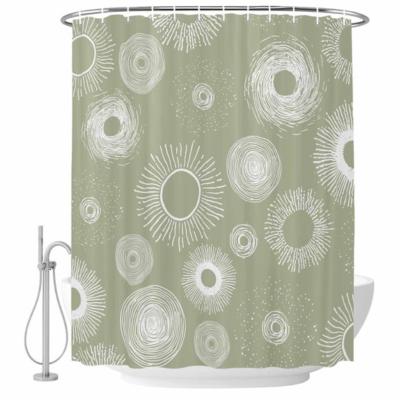 Polyester Fabric Geometric Shower Curtain, Abstract Sage Green White Boho Circle Dot Waterproof Bathtub Curtain Bathroom Decor Set with Hooks 36 x 78 Inches