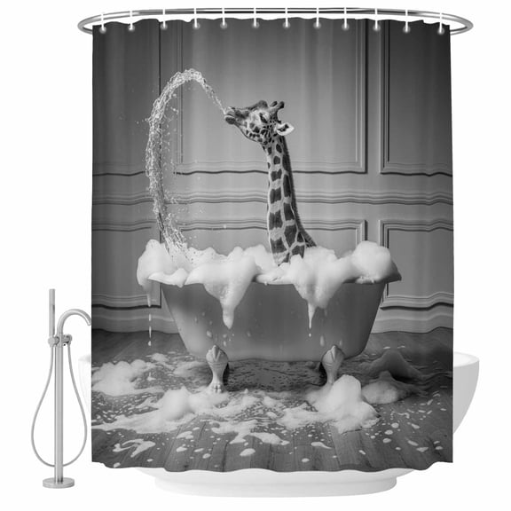 Polyester Fabric Giraffe Shower Curtain, Funny Animal Bathtub Abstract Art Grey Waterproof Bathtub Curtain Bathroom Decor Set with Hooks 54 x 78 Inches
