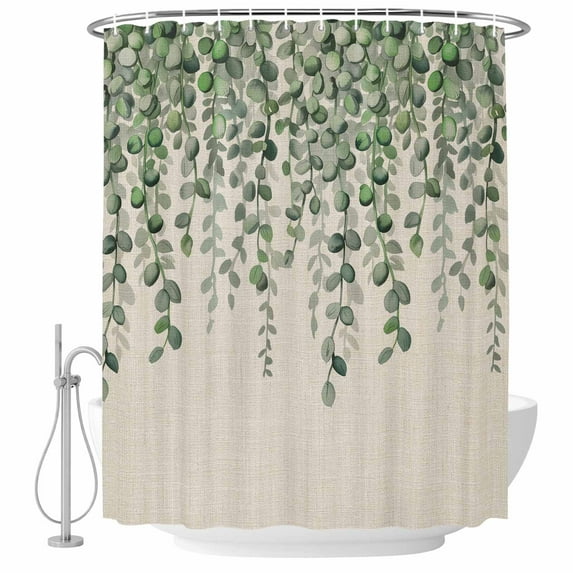 Polyester Fabric Green Eucalyptus Leaves Shower Curtain, Summer Botanical Weeping Rustic Waterproof Bathtub Curtain Bathroom Decor Set with Hooks 72 x 84 Inches