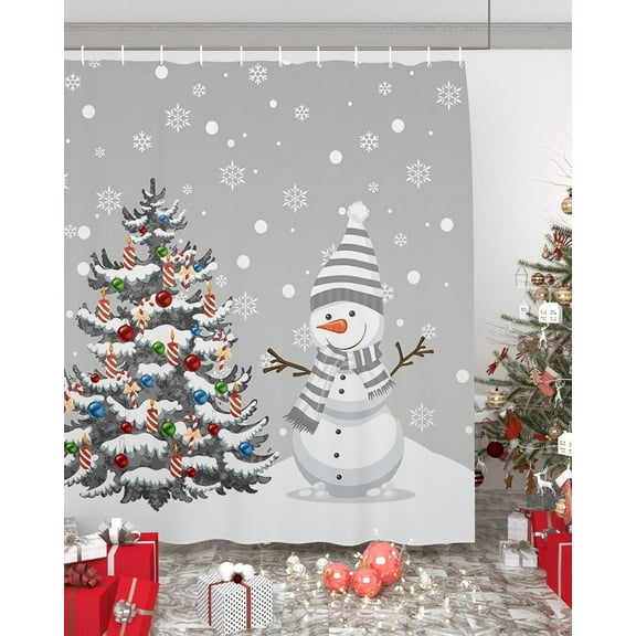 Polyester Fabric Grey Snowman Christmas Shower Curtain, Christmas Tree Xmas Winter Snowflake, Waterproof Bathtub Curtain Bathroom Decor Set with Hooks 36 x 72 Inches,