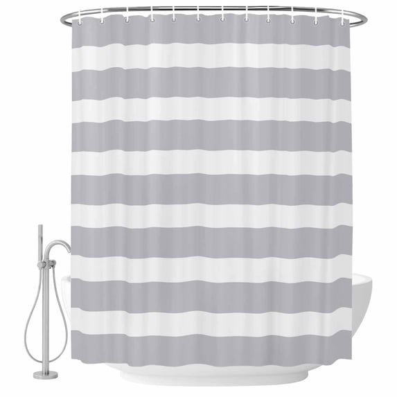 Polyester Fabric Grey Stripe Shower Curtain, Modern Simple Geometric White Striped Waterproof Bathtub Curtain Bathroom Decor Set with Hooks 72 x 78 Inches