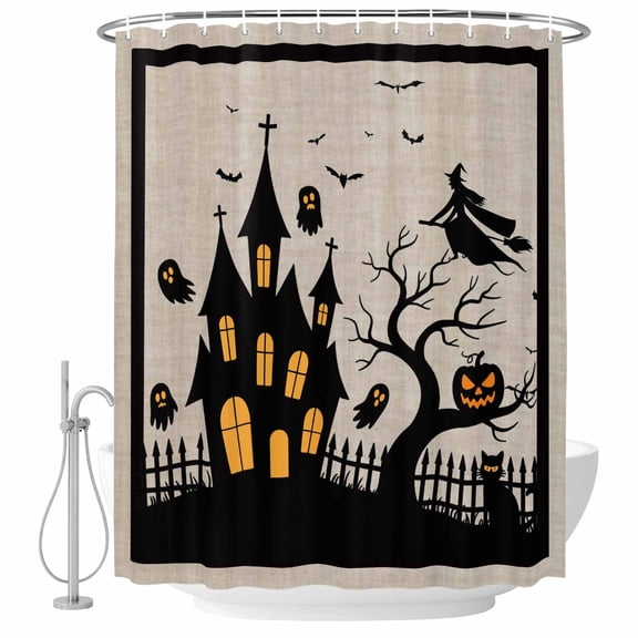 Polyester Fabric Halloween Shower Curtain, Black Pumpkin Ghost Castle Witch Waterproof Bathtub Curtain Bathroom Decor Set with Hooks 72 x 72 Inches