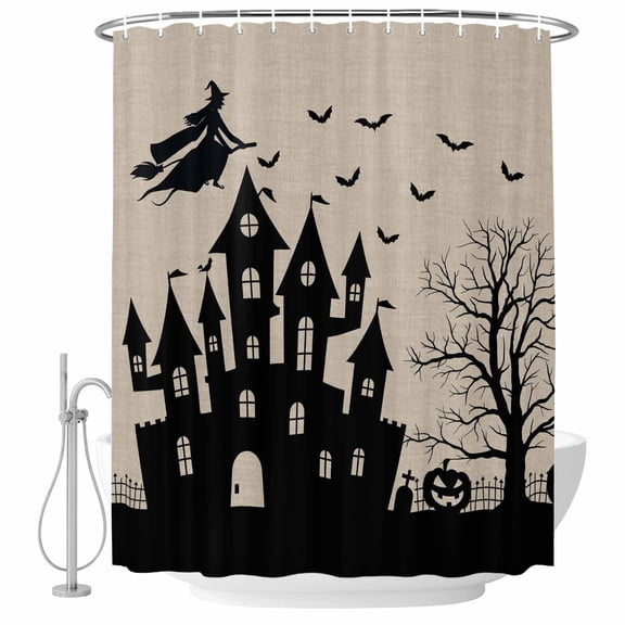 Polyester Fabric Halloween Shower Curtain, Horror Pumpkins Halloween Witch Bat Castle Waterproof Bathtub Curtain Bathroom Decor Set with Hooks 72 x 72 Inches