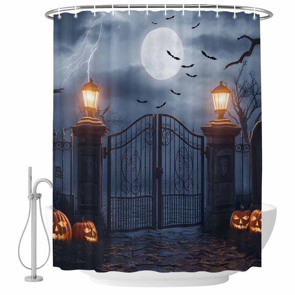 Polyester Fabric Halloween Shower Curtain, Horror Pumpkins Manor Moonlight Lightning Waterproof Bathtub Curtain Bathroom Decor Set with Hooks 36 x 78 Inches