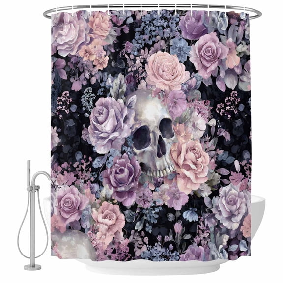Polyester Fabric Halloween Skull Shower Curtain, Vintage Colorful Rose Floral Wildflower Waterproof Bathtub Curtain Bathroom Decor Set with Hooks 72 x 72 Inches