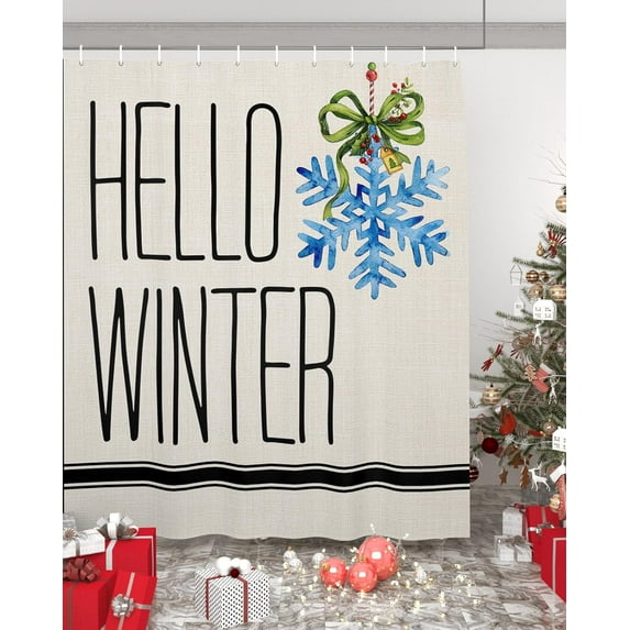 Polyester Fabric Hello Winter Shower Curtain, Xmas Blue Winter Snowflake Black Striped, Waterproof Bathtub Curtain Bathroom Decor Set with Hooks 66 x 72 Inches,