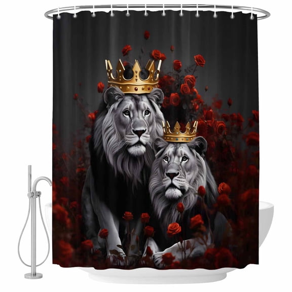 Polyester Fabric Lions Couples Shower Curtain, Valentine's Day Red Roses Crown Animal Waterproof Bathtub Curtain Bathroom Decor Set with Hooks 72 x 72 Inches