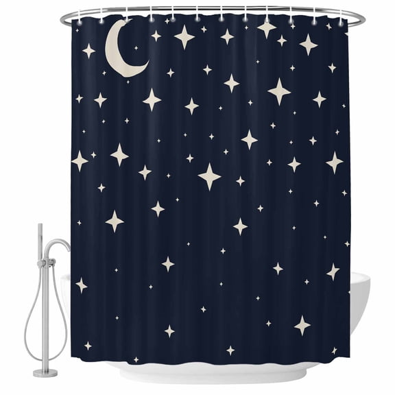 Polyester Fabric Modern Navy Blue Shower Curtain, Japanese Style Moon Stars Minimalism Waterproof Bathtub Curtain Bathroom Decor Set with Hooks 36 x 72 Inches