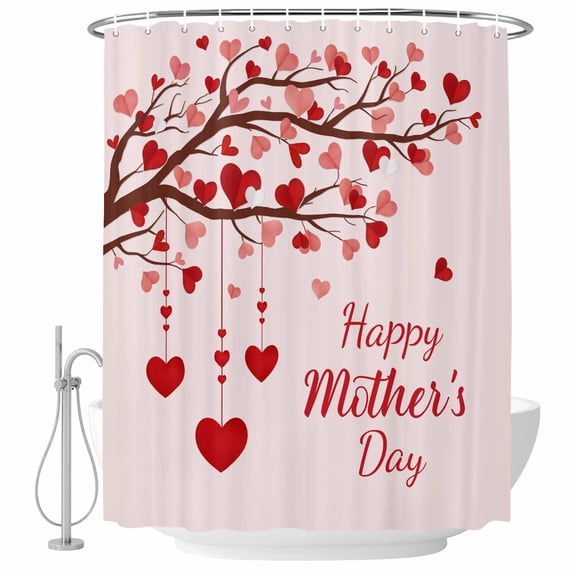 Polyester Fabric Mother's Day Shower Curtain, Romance Love Tree Branches Pink Waterproof Bathtub Curtain Bathroom Decor Set with Hooks 36 x 72 Inches