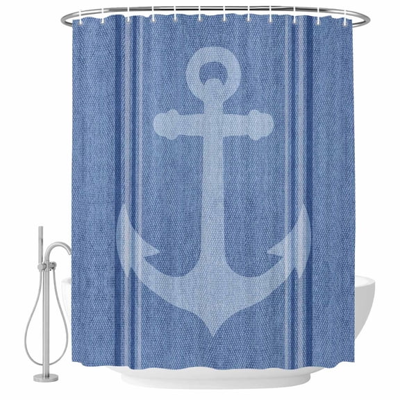 Polyester Fabric Nautical Anchor Shower Curtain, Modern Blue Ocean Abstract Striped Waterproof Bathtub Curtain Bathroom Decor Set with Hooks 72 x 72 Inches