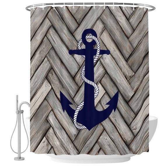 Polyester Fabric Nautical Anchor Shower Curtain, Summer Coastal Ocean Vintage Wood Waterproof Bathtub Curtain Bathroom Decor Set with Hooks 72 x 72 Inches