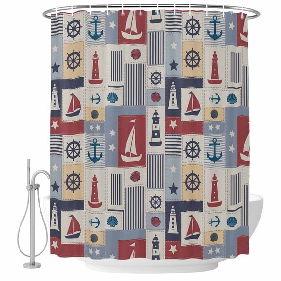 Polyester Fabric Nautical Ship Checked Shower Curtain, Blue Coastal Sailboat Anchor Waterproof Bathtub Curtain Bathroom Decor Set with Hooks 72 x 72 Inches