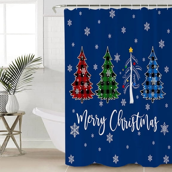 Polyester Fabric Navy Blue Christmas Shower Curtain, Xmas Tree Winter Snowflake, Waterproof Bathtub Curtain Bathroom Decor Set with Hooks 36 x 72 Inches,