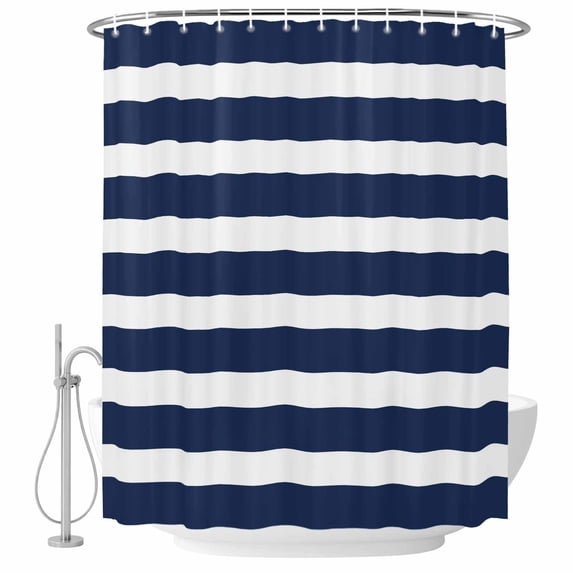 Polyester Fabric Navy Blue Stripe Shower Curtain, Modern Simple Geometric White Striped Waterproof Bathtub Curtain Bathroom Decor Set with Hooks 36 x 72 Inches