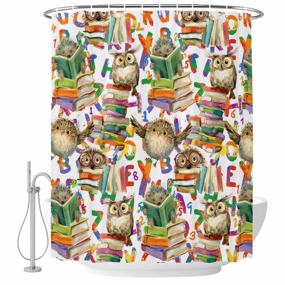 Polyester Fabric Owls Book Shower Curtain, Funny Cartoon Animal Colorful Text Art Waterproof Bathtub Curtain Bathroom Decor Set with Hooks 54 x 78 Inches