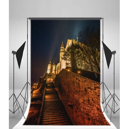 Polyester Fabric Photography Backdrop 5x7ft Old Brick Wall Church Cross Night Scene Stairs Children Baby Kids Portraits Props Shooting Video Studio