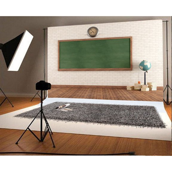 Polyester Fabric Photography Backdrop 7x5ft Classroom Blackboard Clock Brick Wall Books Vintage Tellurion Wood Floor Students Children Baby Kids Portraits Photos Props Shooting Video Studio