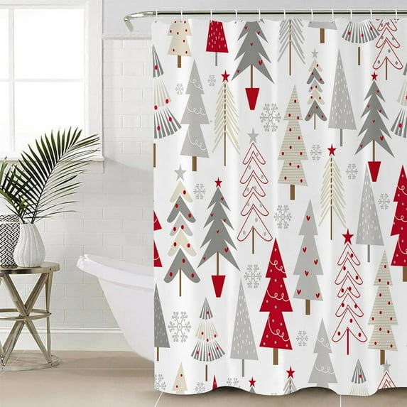 Polyester Fabric Red Grey Christmas Tree Shower Curtain, Xmas Tree Winter Snowflake, Waterproof Bathtub Curtain Bathroom Decor Set with Hooks 72 x 72 Inches,