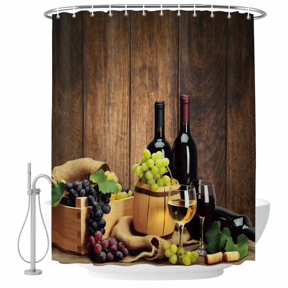 Polyester Fabric Red Wines Shower Curtain, Champagne Grapes Galsses Country Wooden Plank Waterproof Bathtub Curtain Bathroom Decor Set with Hooks 36 x 72 Inches