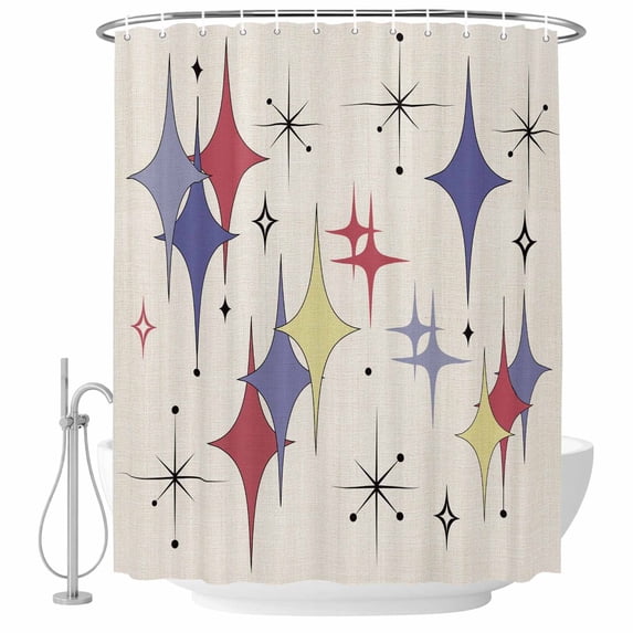Polyester Fabric Red Yellow Diamond Shower Curtain, Modern Geometric Middle Century Beige Waterproof Bathtub Curtain Bathroom Decor Set with Hooks 72 x 96 Inches