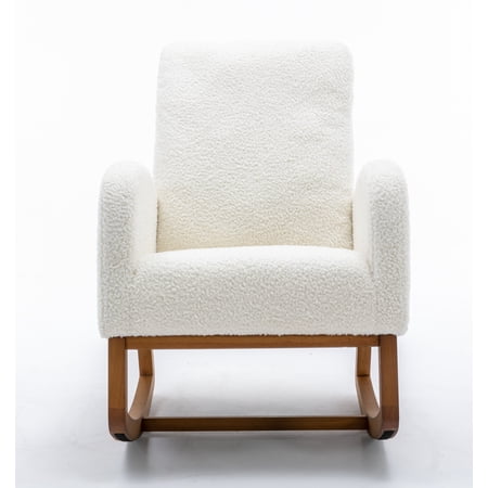 Polyester Fabric Rocking Chair with Side Pocket Mid-Century Modern Nursery Rocking Armchair Upholstered Tall Back Accent Glider Rocker for Living Room(White Teddy)
