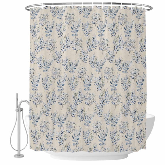 Polyester Fabric Rustic Blue Leaves Shower Curtain, Farmhouse Botanical Beige Waterproof Bathtub Curtain Bathroom Decor Set with Hooks 72 x 96 Inches
